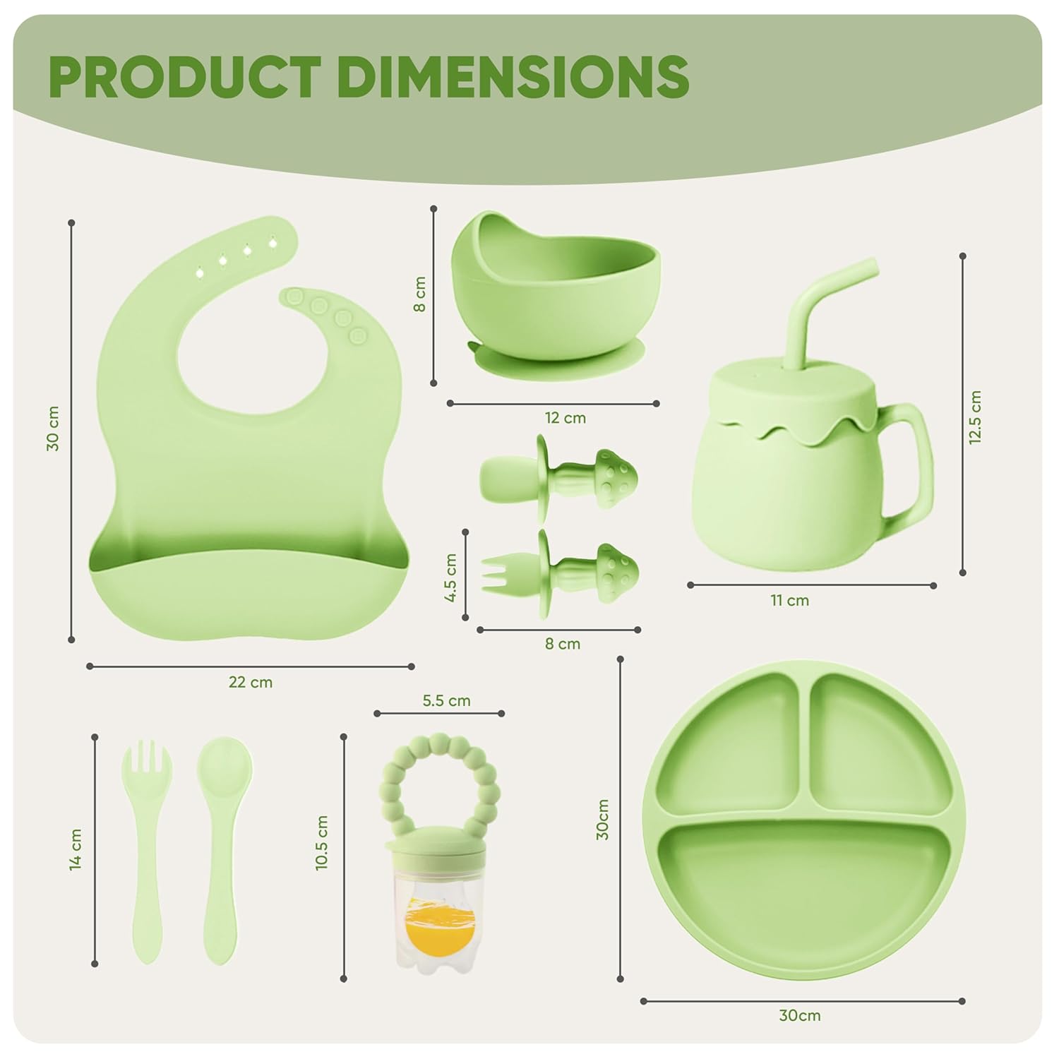 Silicone Baby Feeding Set with Suction, 10 Pcs Baby Led Weaning Supplies Bowl Divided Plate Soft Bib Spoon Fork Snack Cup, Green - Image 2
