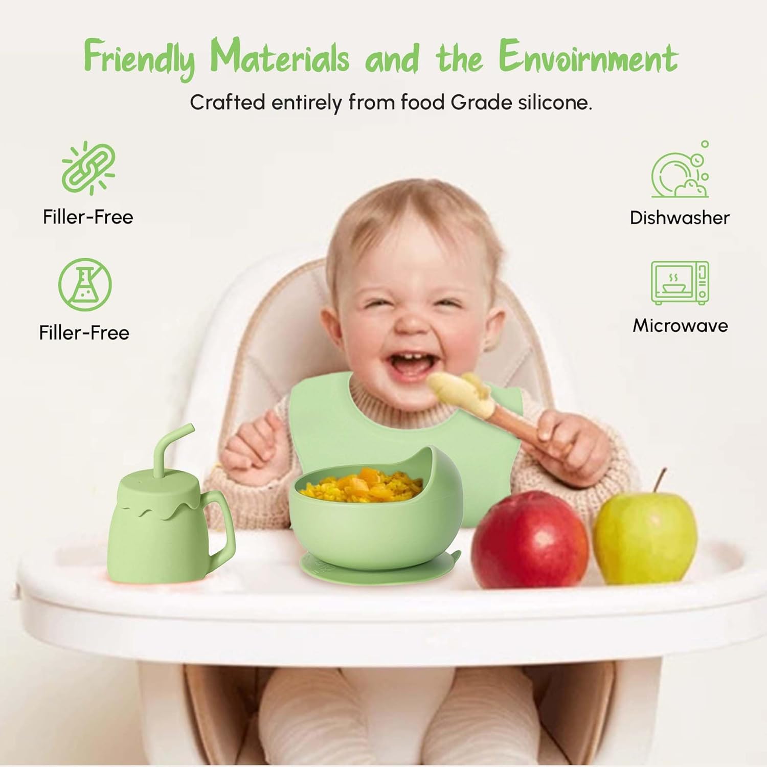 Silicone Baby Feeding Set with Suction, 10 Pcs Baby Led Weaning Supplies Bowl Divided Plate Soft Bib Spoon Fork Snack Cup, Green - Image 5