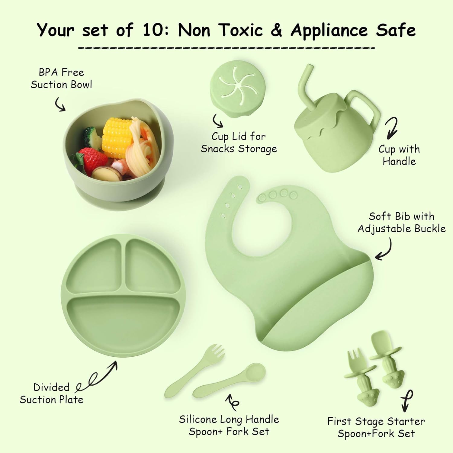 Silicone Baby Feeding Set with Suction, 10 Pcs Baby Led Weaning Supplies Bowl Divided Plate Soft Bib Spoon Fork Snack Cup, Green - Image 3